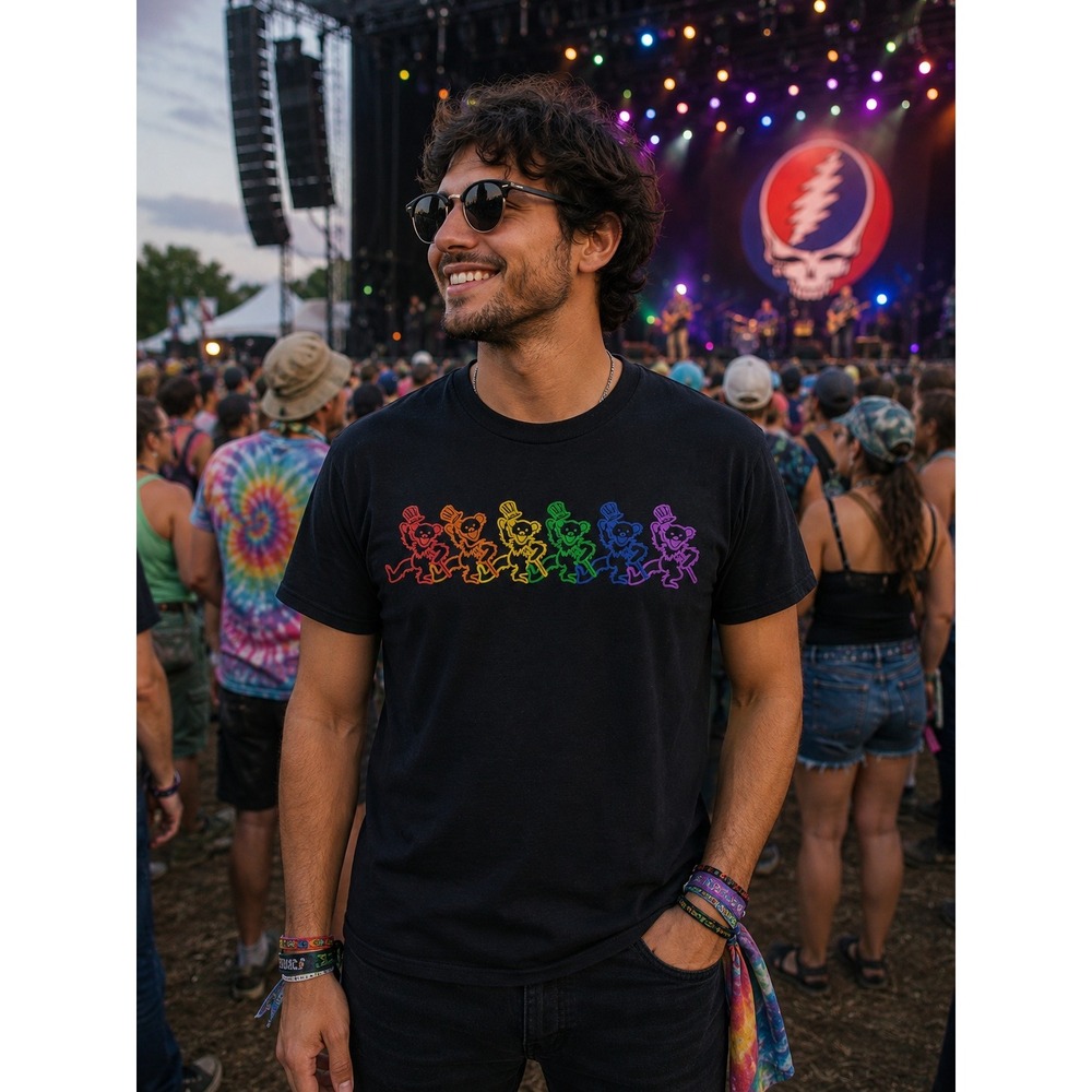 Grateful Dead Dancing Bears Shirt Men's Small Rainbow Graphic Band Tee Black